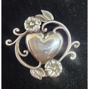Valentine Day Vintage Jezlaine 925 Sterling Silver Heart Floral Brooch Pin 10Gr